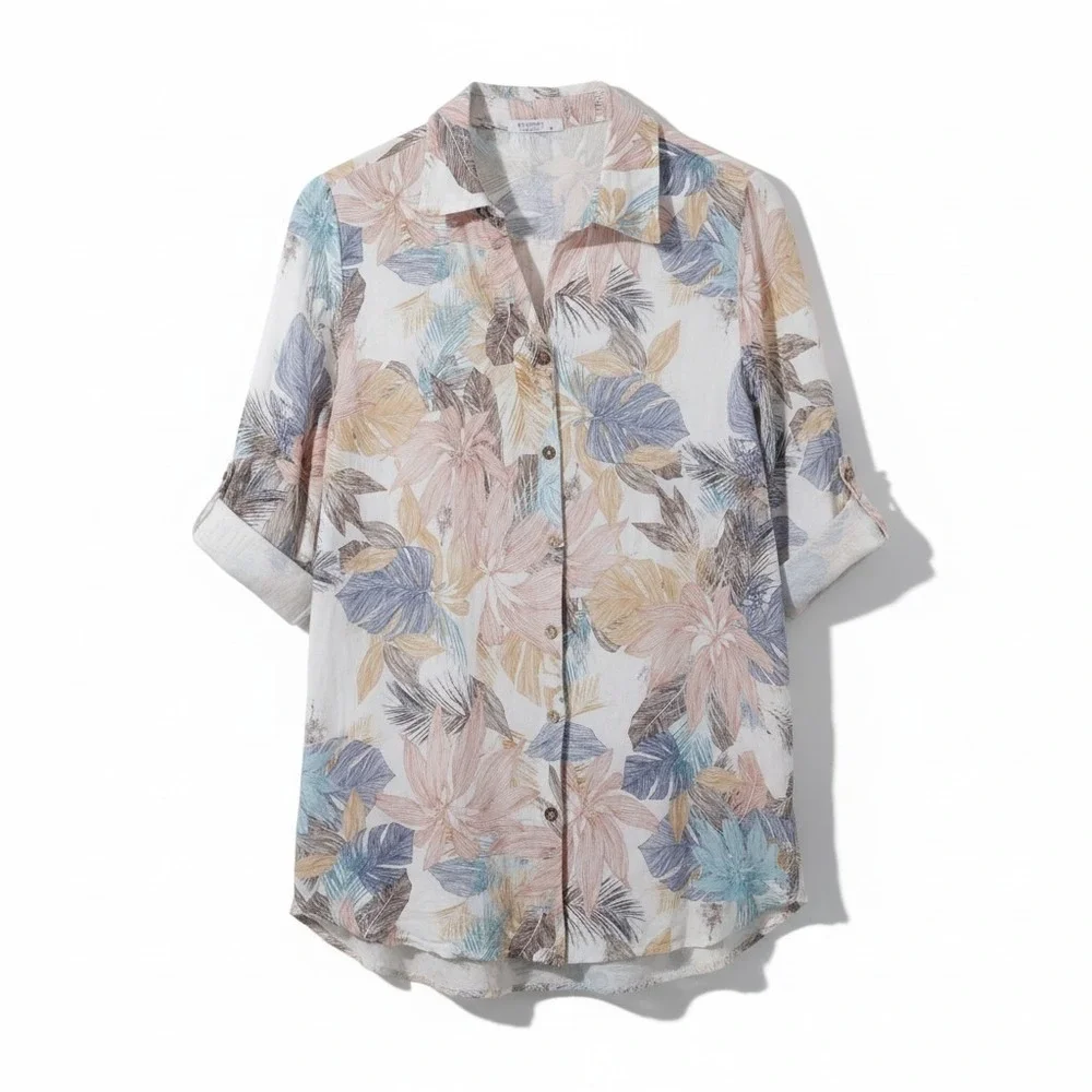 Rosemarine Linen Floral Shirt Dress Button Front Roll Tab Italy Size M - Picture 2 of 11